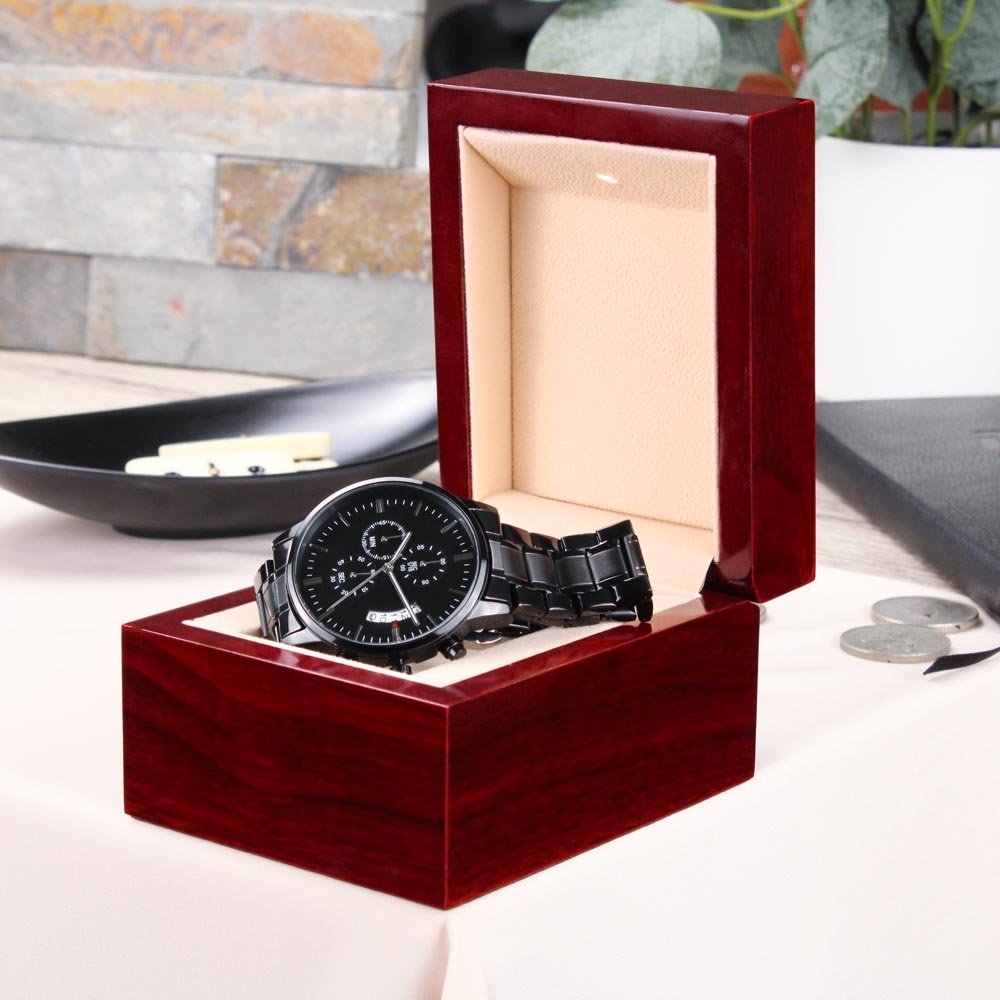 Son - Non - Message Card Black Chronograph Watch with Engraving - TreasuredTale