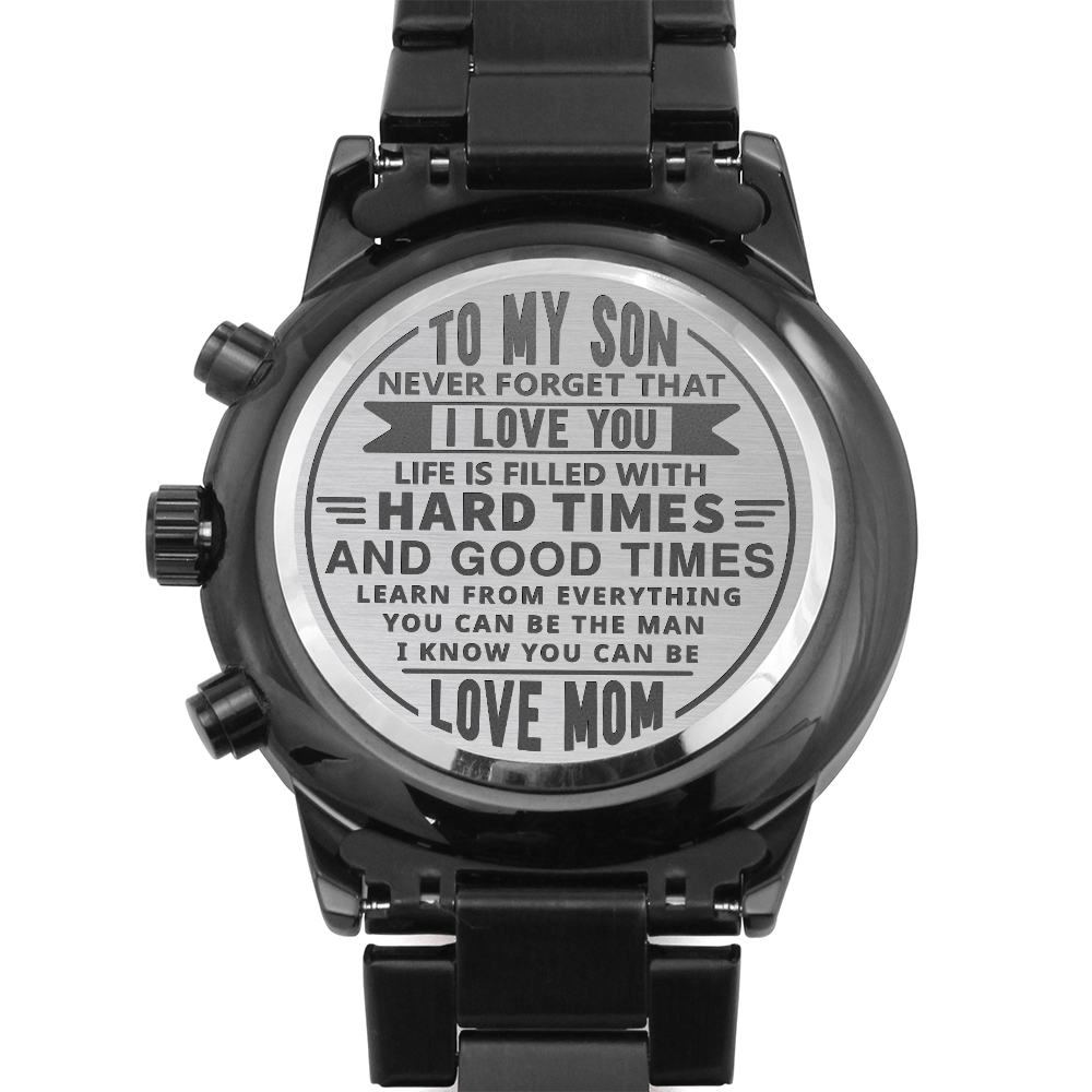 Son - Non - Message Card Black Chronograph Watch with Engraving - TreasuredTale
