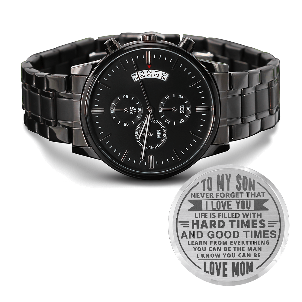 Son - Non - Message Card Black Chronograph Watch with Engraving - TreasuredTale