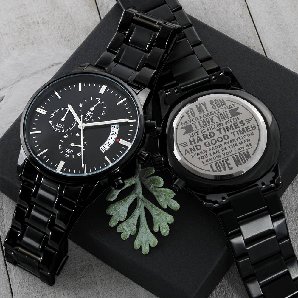 Son - Non - Message Card Black Chronograph Watch with Engraving - TreasuredTale